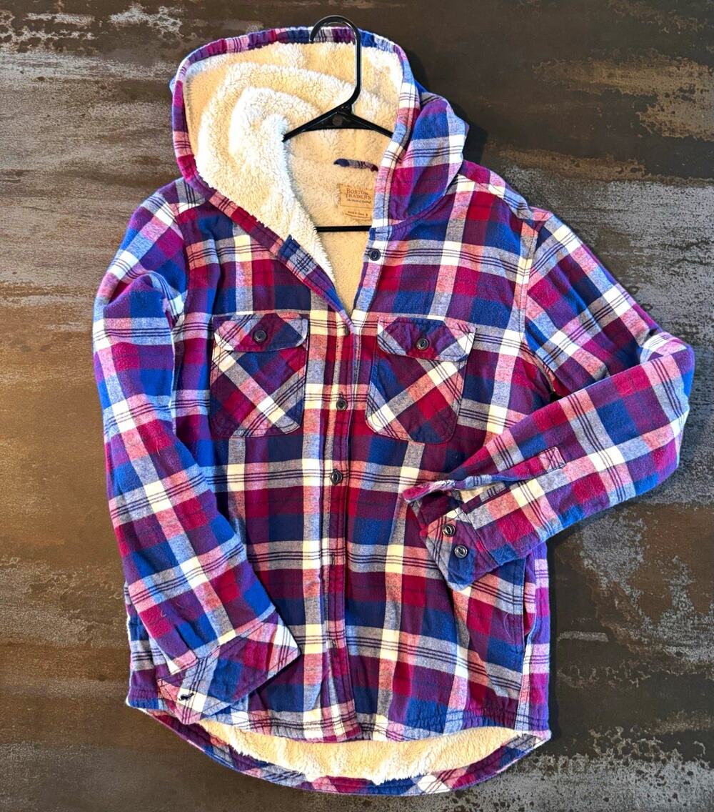Boston Traders Women's Plaid Hooded Sherpa Lined Jacket Size S Button Pockets